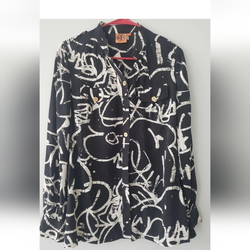 Tory Burch Womens Black White Silk Long Sleeve Shirt Size 6
